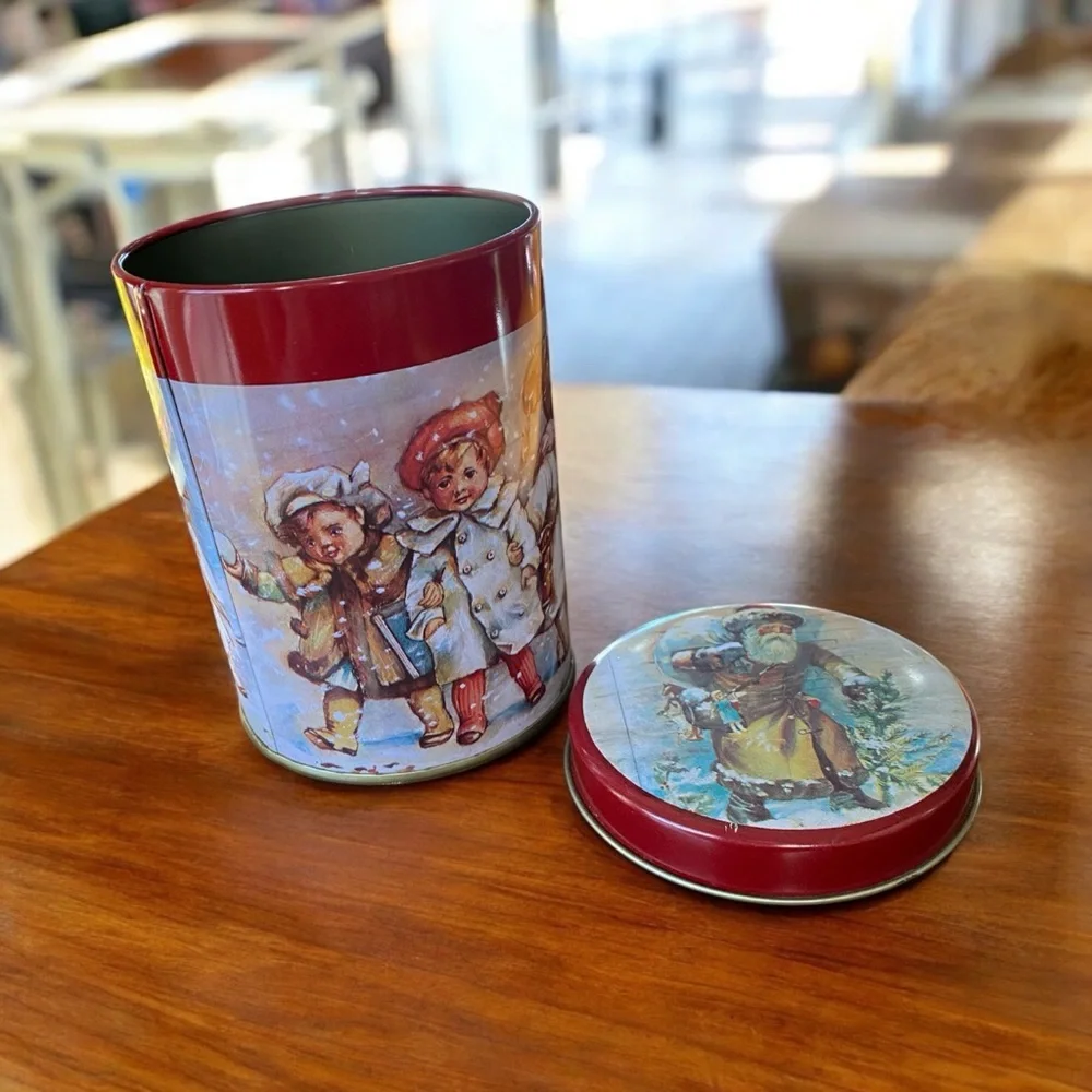 Vintage Victorian Christmas Tin Canister Round Old World Santa Claus & Children